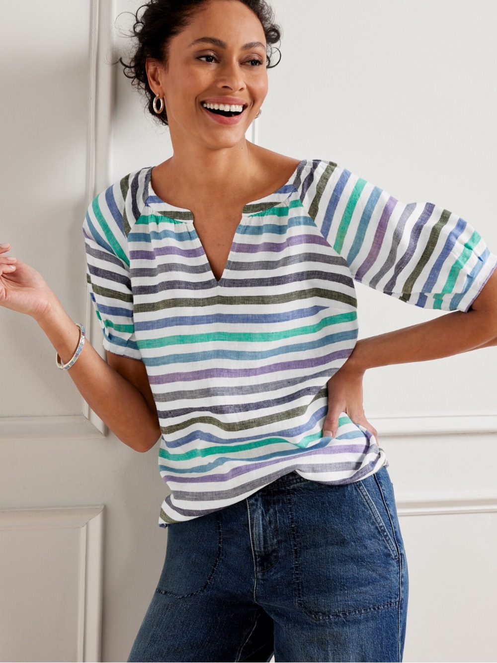 Striped Lightweight Linen Short-Sleeve Peasant Top - Aqua & Lavender